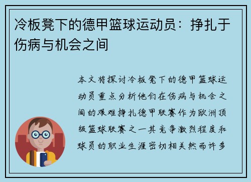 冷板凳下的德甲篮球运动员：挣扎于伤病与机会之间