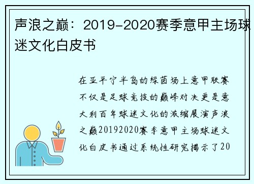 声浪之巅：2019-2020赛季意甲主场球迷文化白皮书
