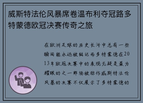 威斯特法伦风暴席卷温布利夺冠路多特蒙德欧冠决赛传奇之旅